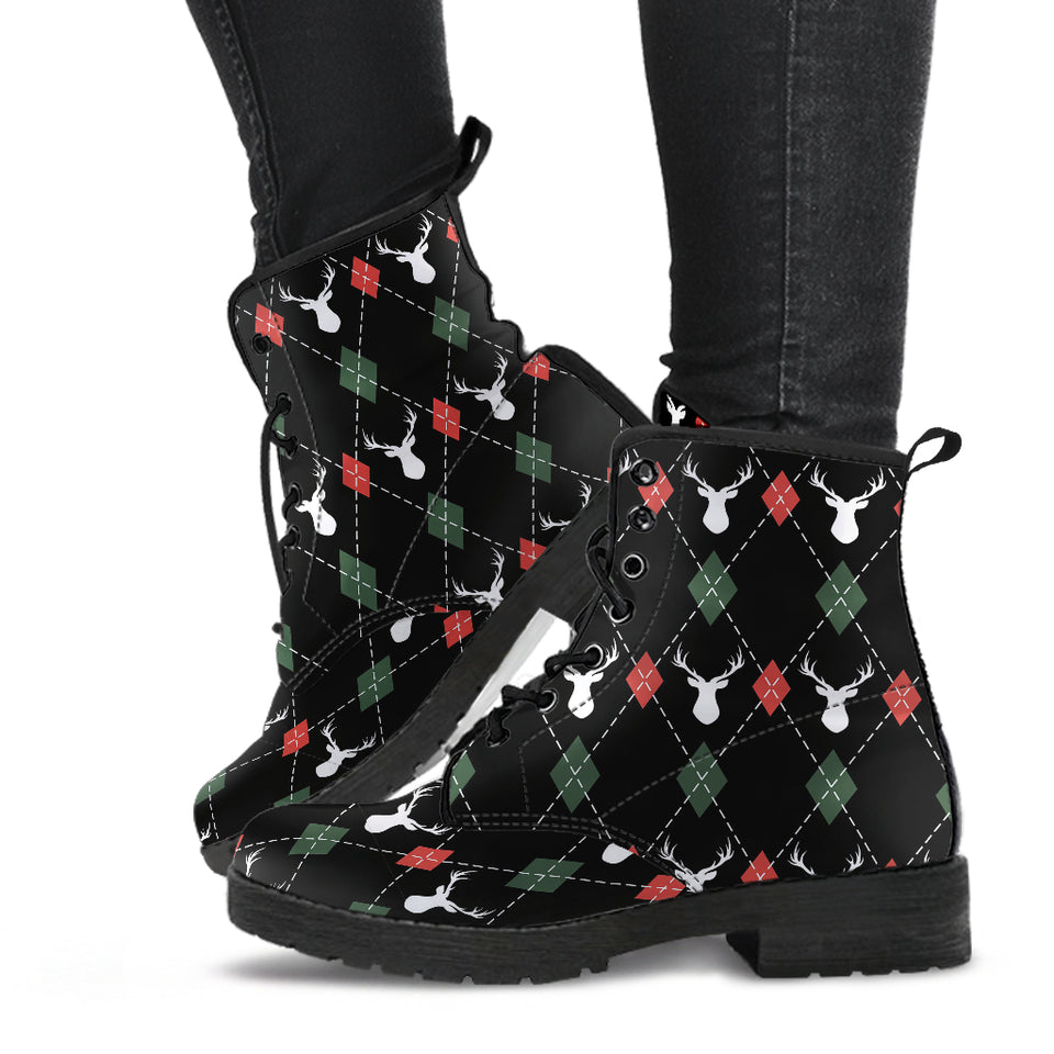Deer Christmas New Year Pattern Argyle Leather Boots