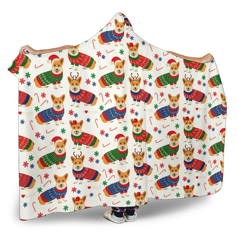 Corgi Christmas Pattern Hooded Blanket