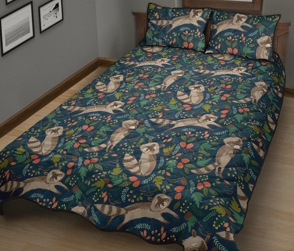 Raccoon tropical leaves pattern Quilt Bed Set
