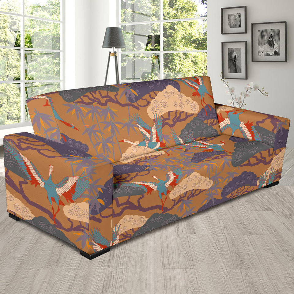 Bonsai Bamboo Stork Japanese Pattern Brown Theme Sofa Slipcover