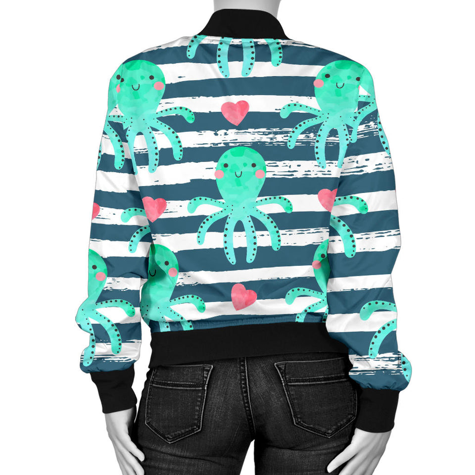 Cute Octopuses Heart Striped Background Women'S Bomber Jacket