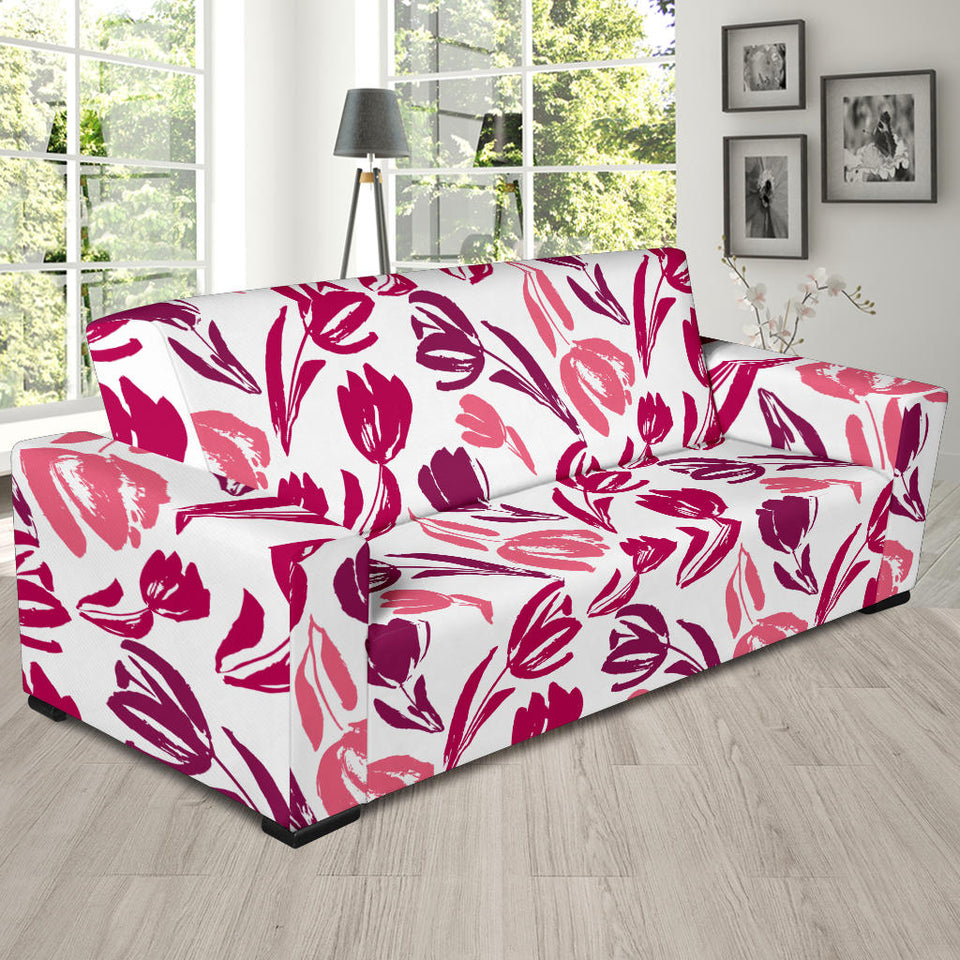 Pink Sketch Tulip Pattern Sofa Slipcover