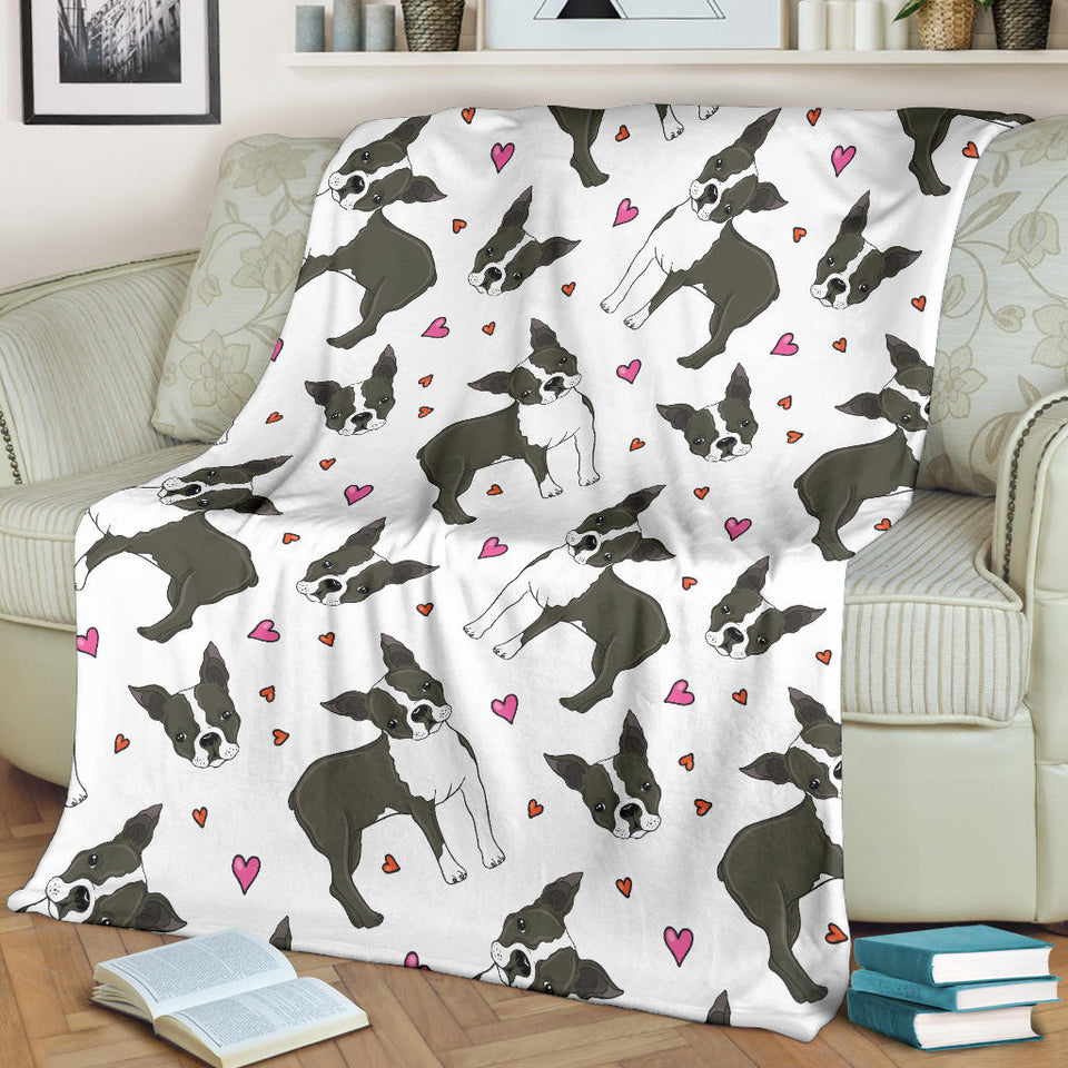 Boston Terrier Dog Hearts Vector Pattern Premium Blanket