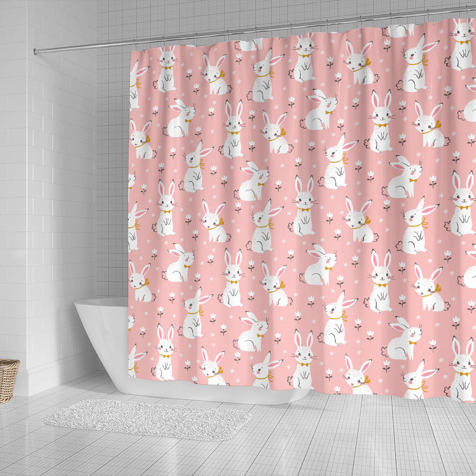 Cute White Rabbit Flower Pink Background Shower Curtain Fulfilled In US