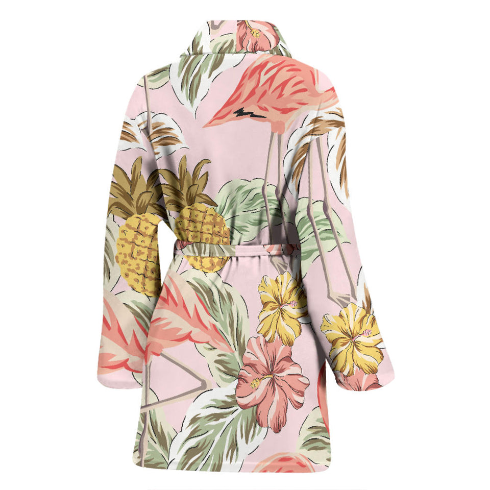 Pink Flamingo Birds Pineapples Hibiscus Flower Pattern Women'S Bathrobe