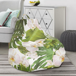 White Orchid Flower Tropical Leaves Pattern Bean Bag Cover
