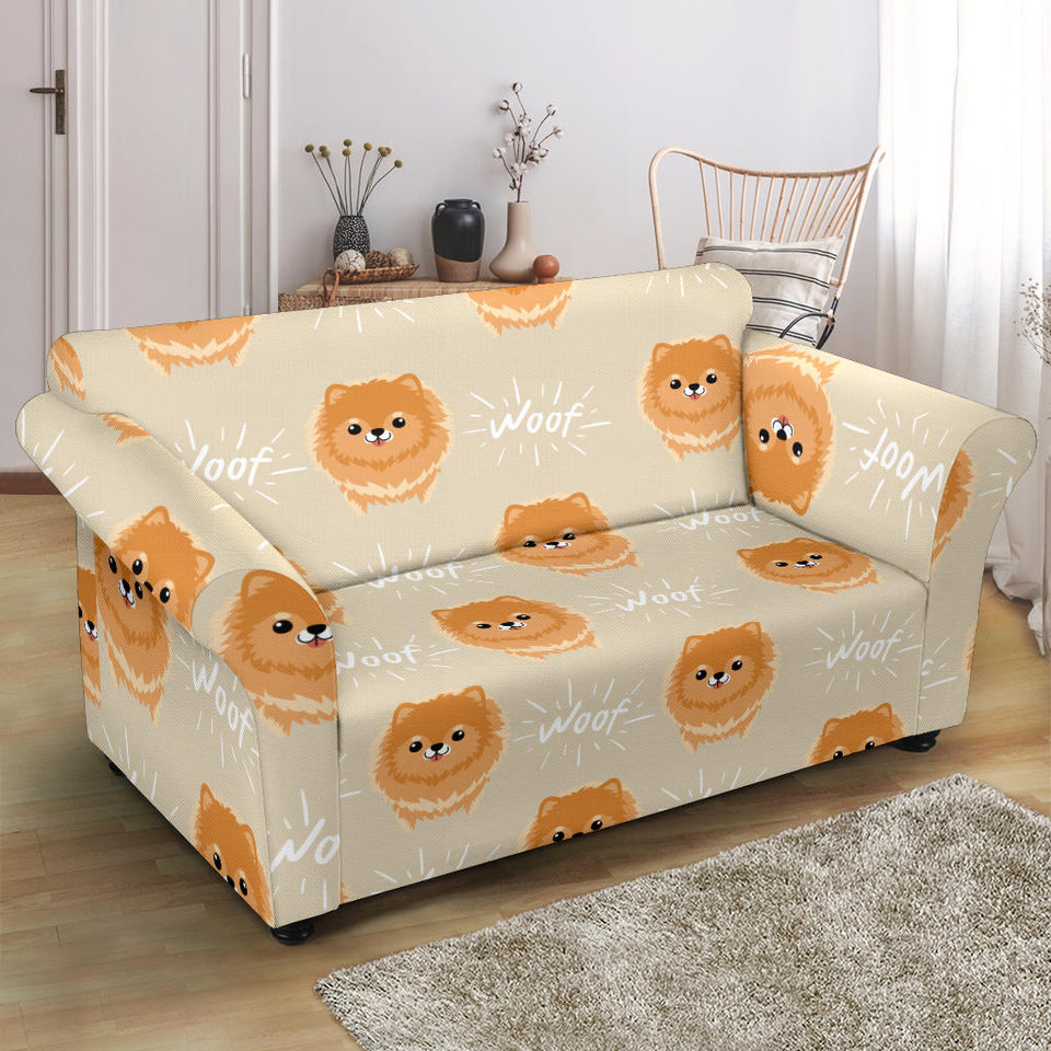 Cute Brown Pomeranian Puppy Loveseat Couch Slipcover