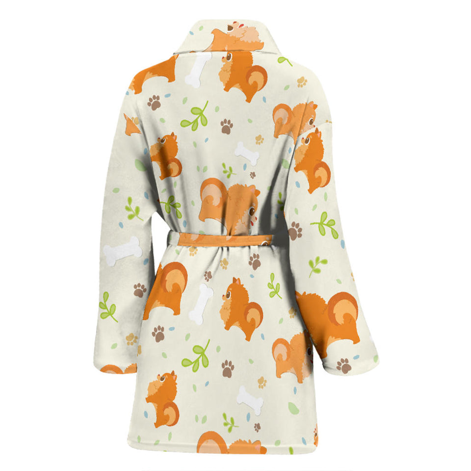 Cute Brown Pomeranian Paw Leave Bone Pattern Women'S Bathrobe