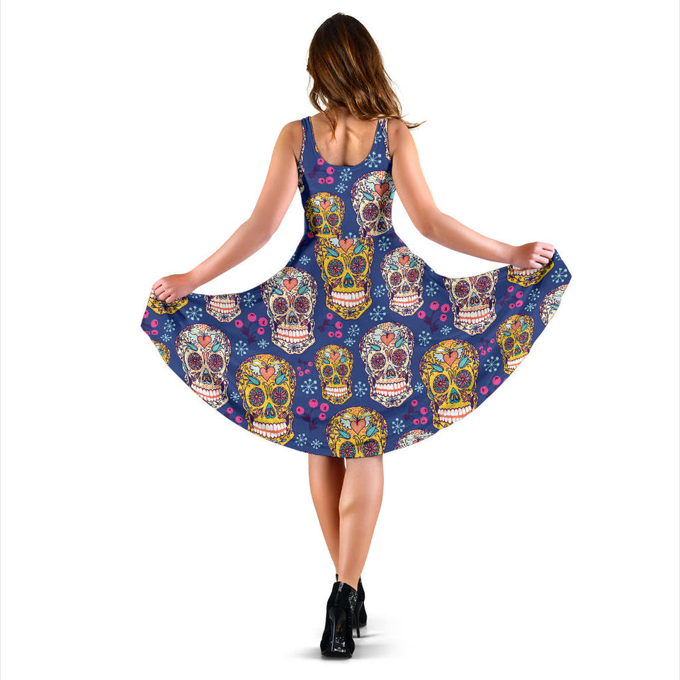Sugar Skull Flower Pattern Sleeveless Midi Dress