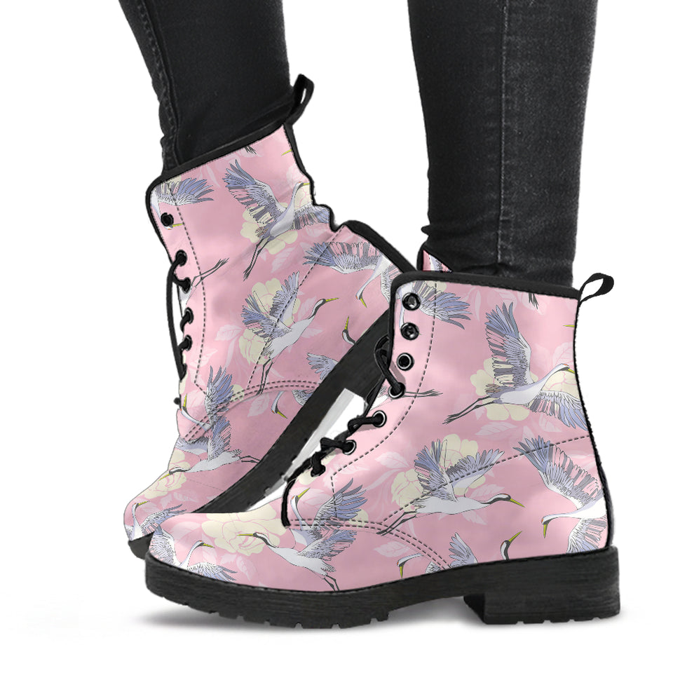 Japanese Crane Rose Pattern Leather Boots