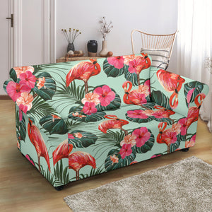 Beautiful Flamingo Tropical Palm Leaves Hibiscus Pateern Background Loveseat Couch Slipcover