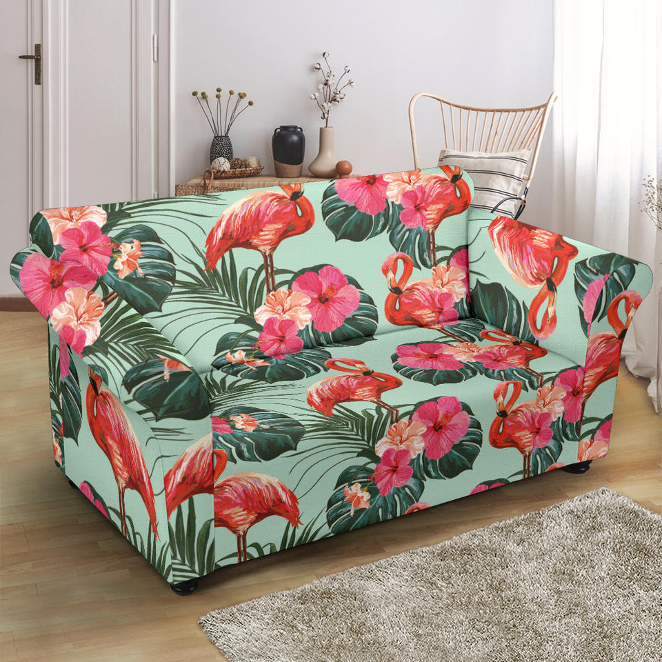 Beautiful Flamingo Tropical Palm Leaves Hibiscus Pateern Background Loveseat Couch Slipcover