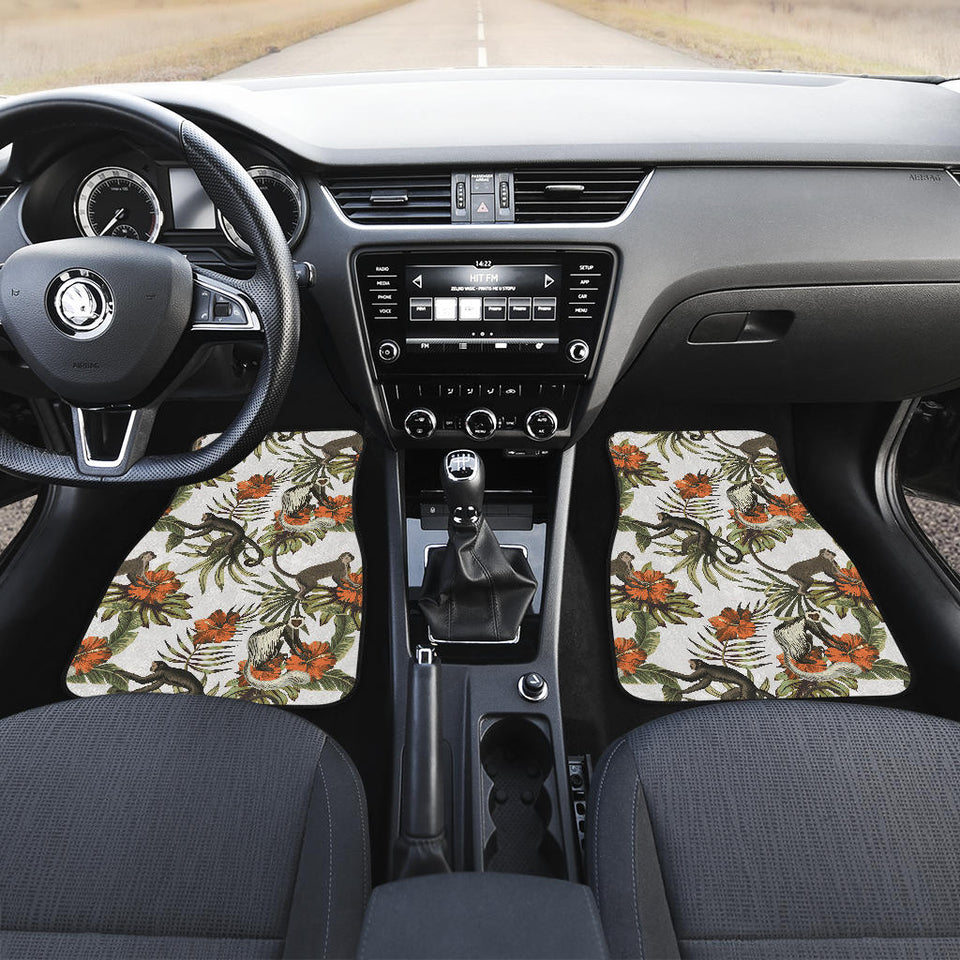 Monkey Red Hibiscus Flower Palm Leaves Floral Pattern Front Car Mats