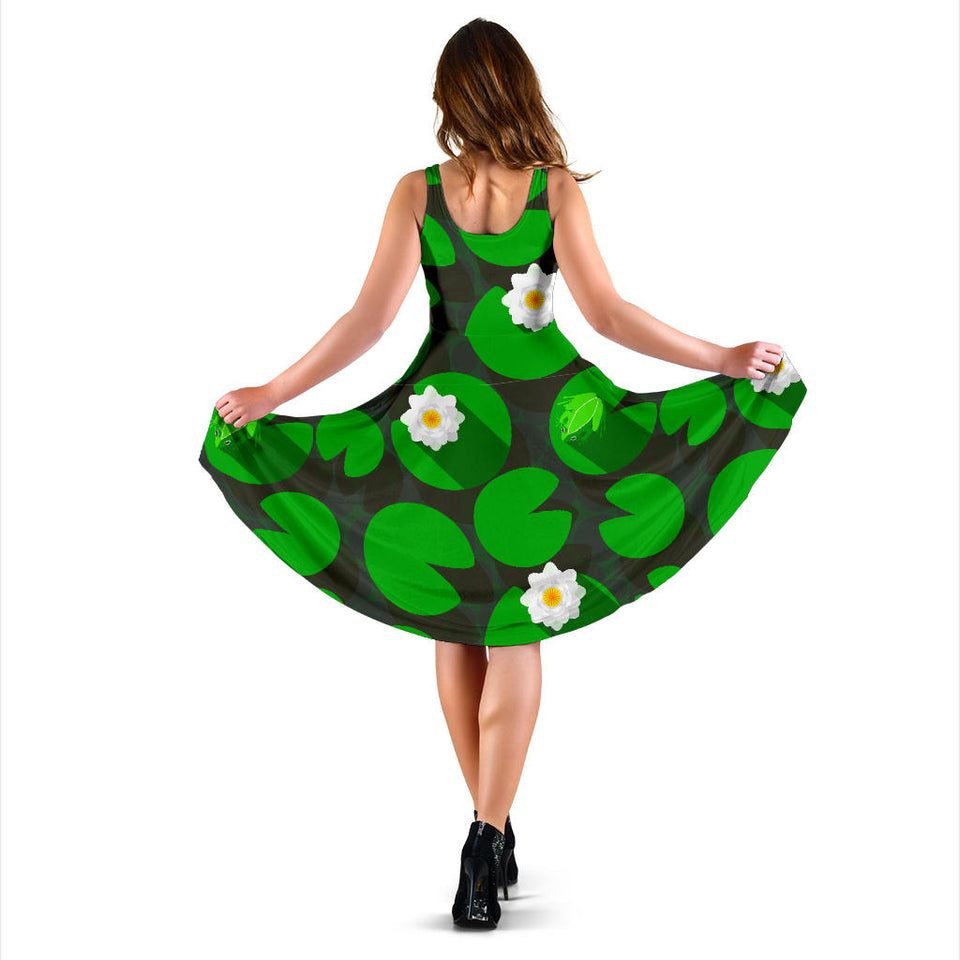 Frog Waterlily Pattern Sleeveless Midi Dress