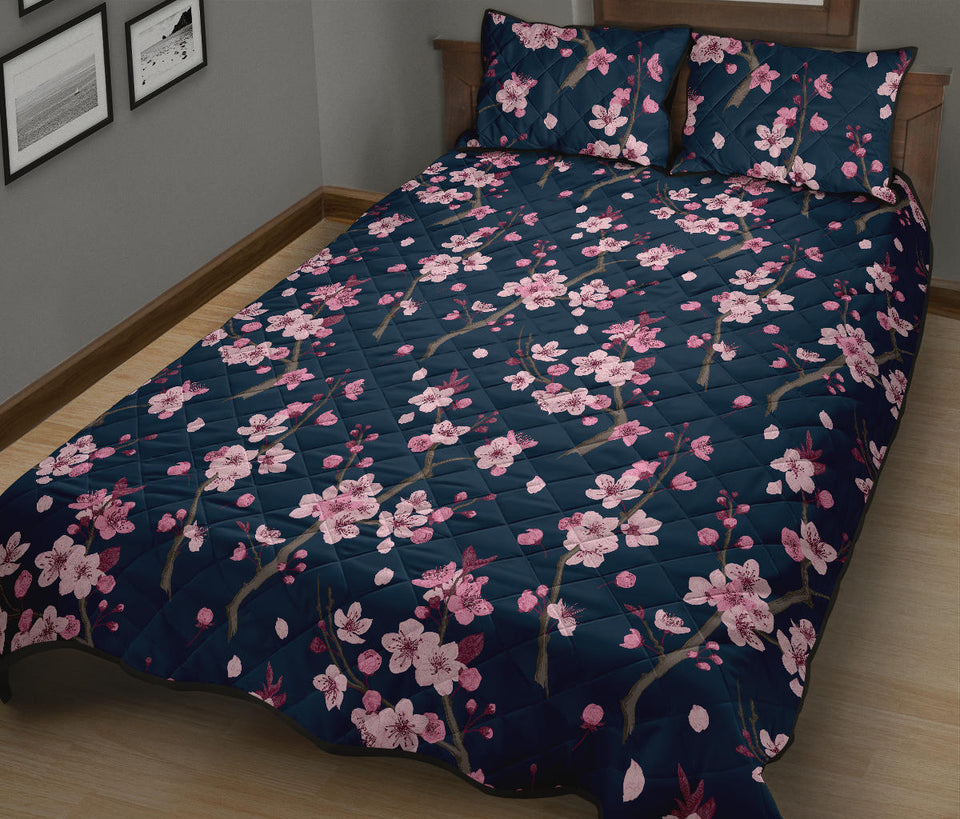Pink sakura cherry blossom blue background Quilt Bed Set