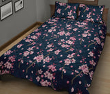 Pink sakura cherry blossom blue background Quilt Bed Set