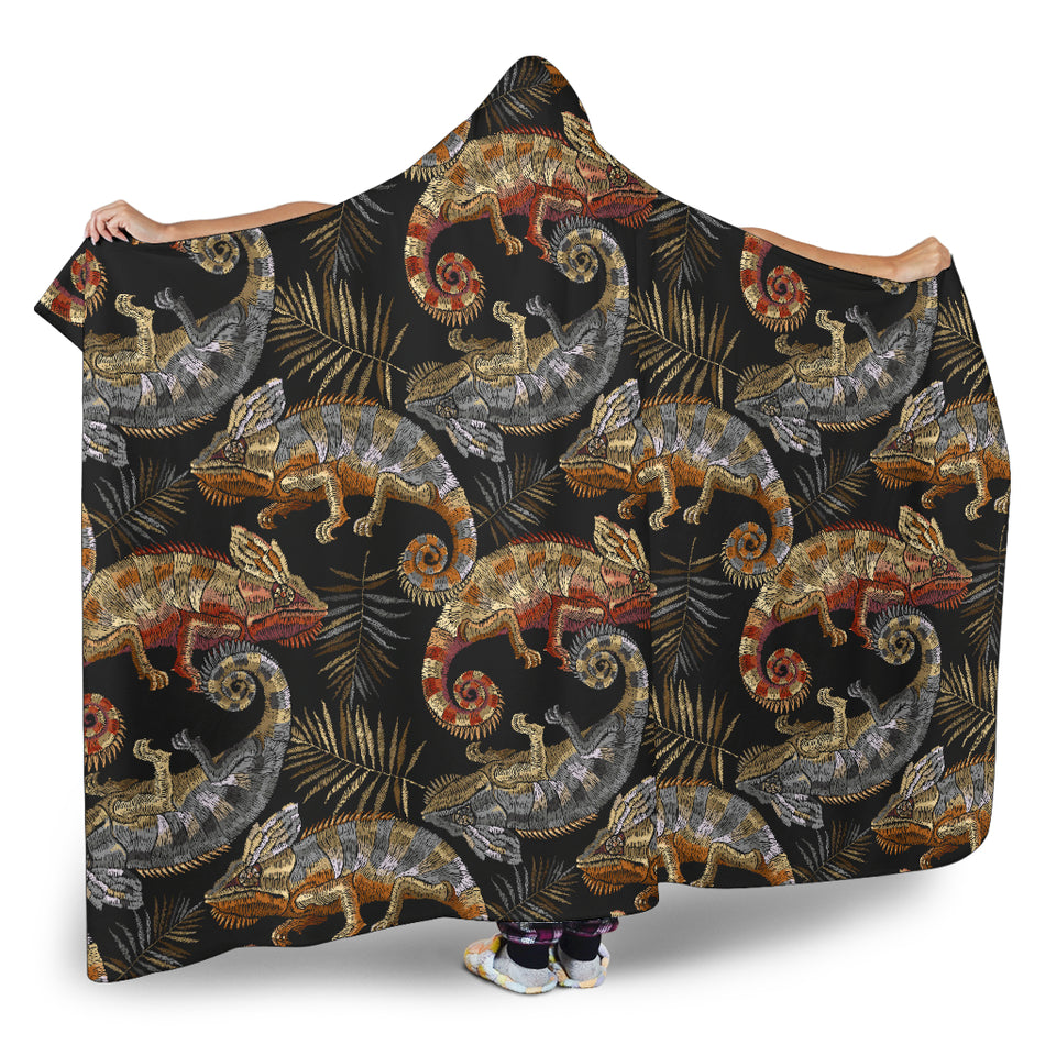 Chameleon Lizard Tropical Leaves Palm Tree Hooded Blanket