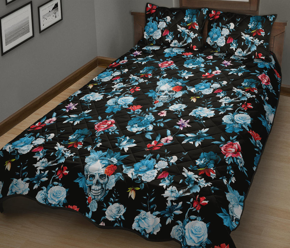 Skull flower roses leave pattern Quilt Bed Set