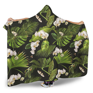 White Orchid Flower Tropical Leaves Pattern Blackground Hooded Blanket