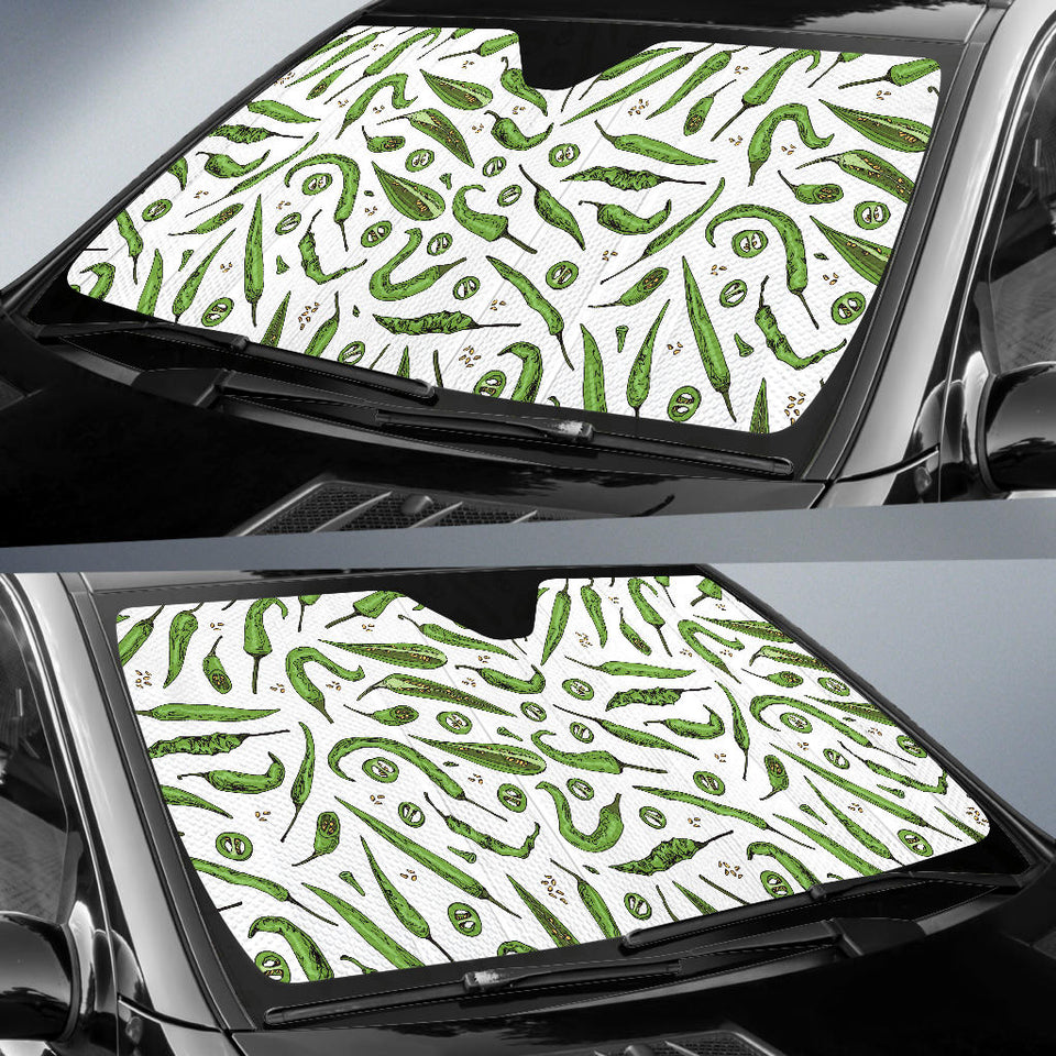 Hand Drawn Sketch Style Green Chili Peppers Pattern Car Sun Shade