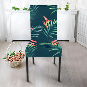 Heliconia Flowers, Palm And Monstera Leaves On Black Background Pattern Dining Chair Slipcover