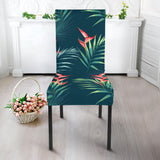 Heliconia Flowers, Palm And Monstera Leaves On Black Background Pattern Dining Chair Slipcover