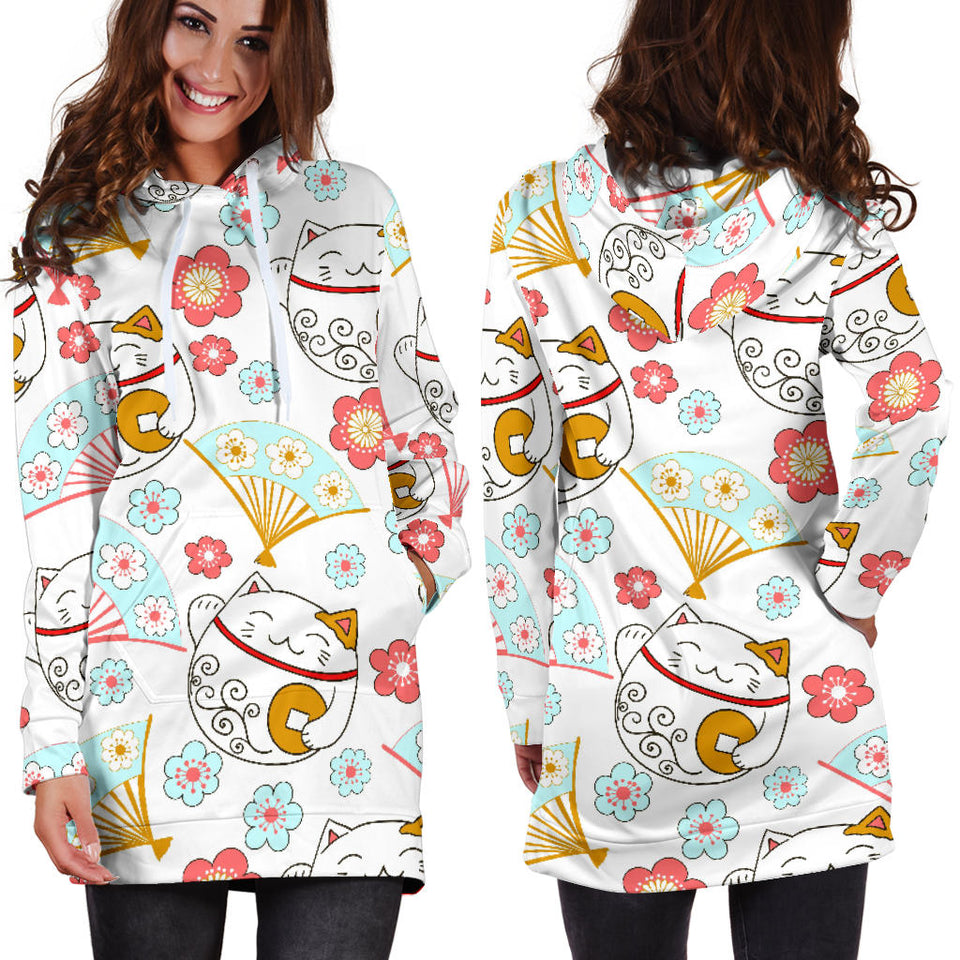 Maneki Neko Lucky Cat Fan Sakura Women'S Hoodie Dress