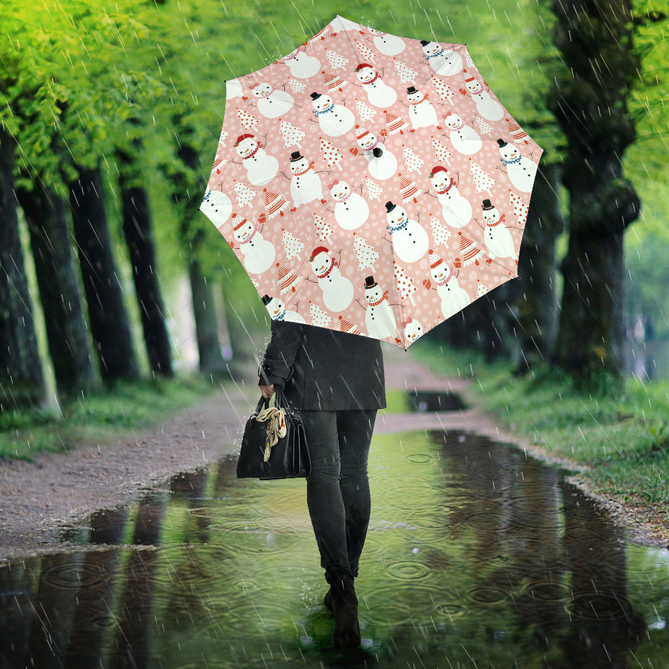 Cute Snowman Christmas Tree Snowpink Background Umbrella