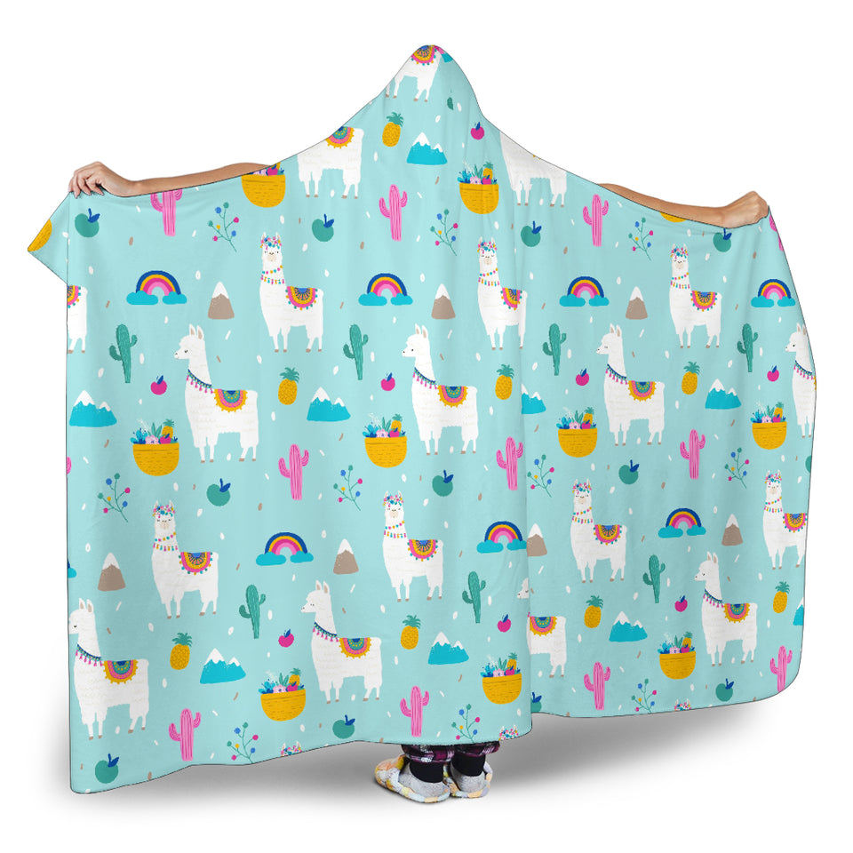 Llama Alpaca Cactus Leaves Pattern Hooded Blanket
