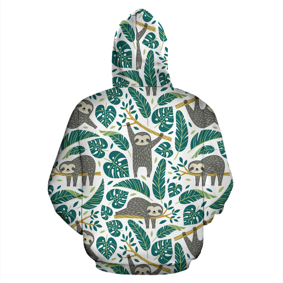 Cute Sloths Tropical Palm Leaves White Background Zip Up Hoodie