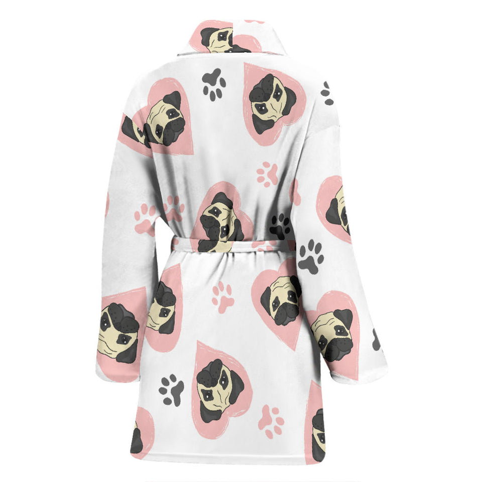 Cute Pugs Pink Heart Paw Pattern Women'S Bathrobe