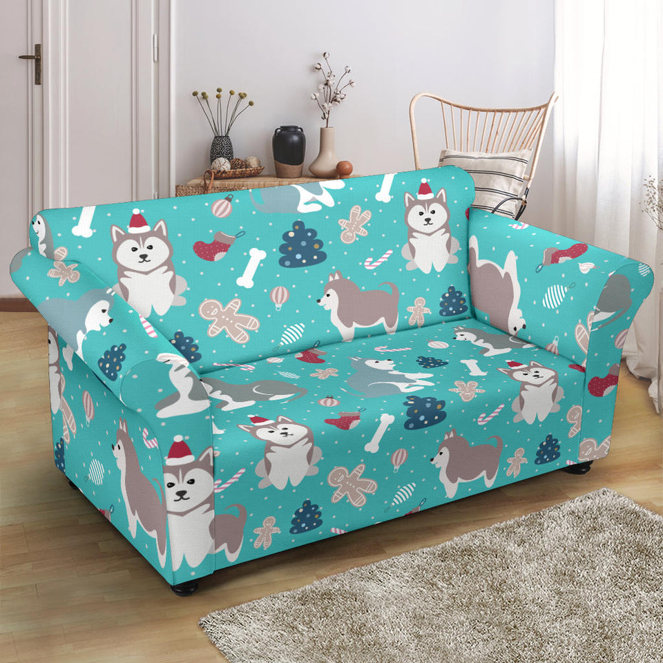 Christmas Cute Siberian Husky Puppie Pattern Loveseat Couch Slipcover