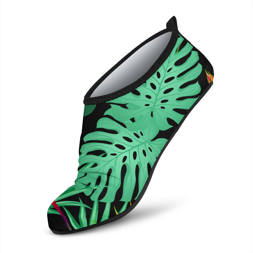 Heliconia Flower Palm Monstera Leaves Black Background Aqua Shoes