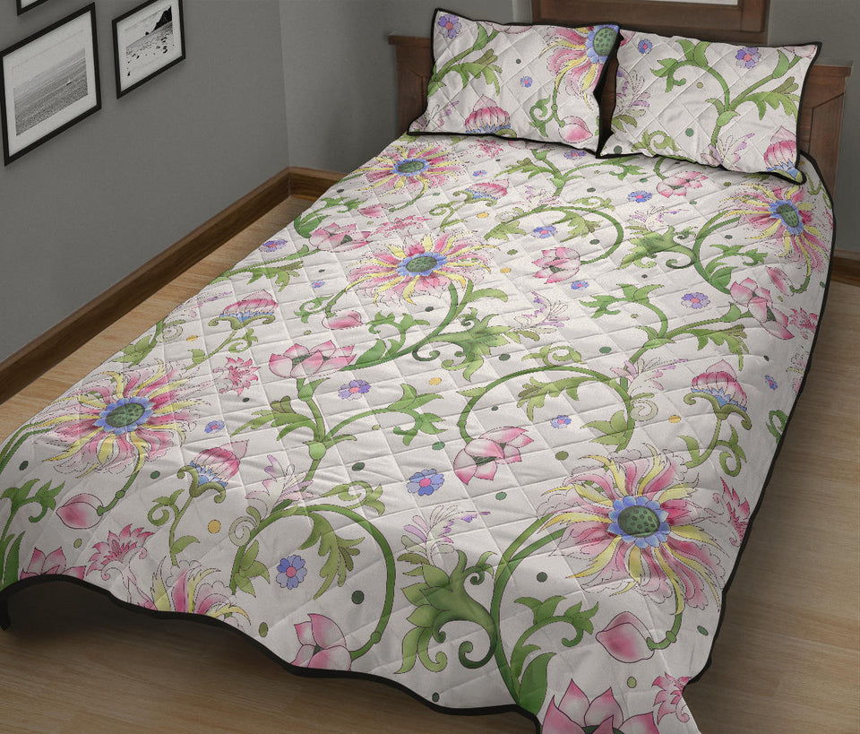 Beautiful pink lotus waterlily leaves pattern Quilt Bed Set