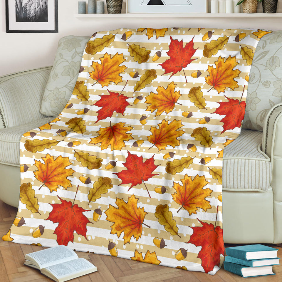 Maple Leaf Oak Leaf Acorns Beige Striped Background Premium Blanket