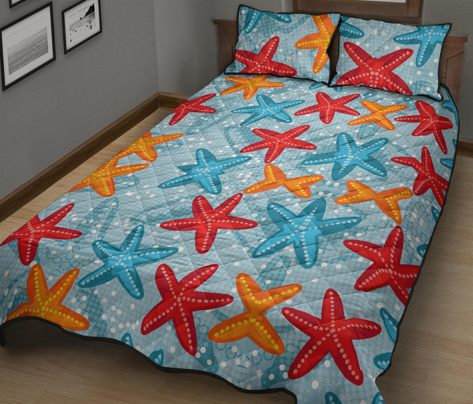 Blue red orange starfish pattern Quilt Bed Set