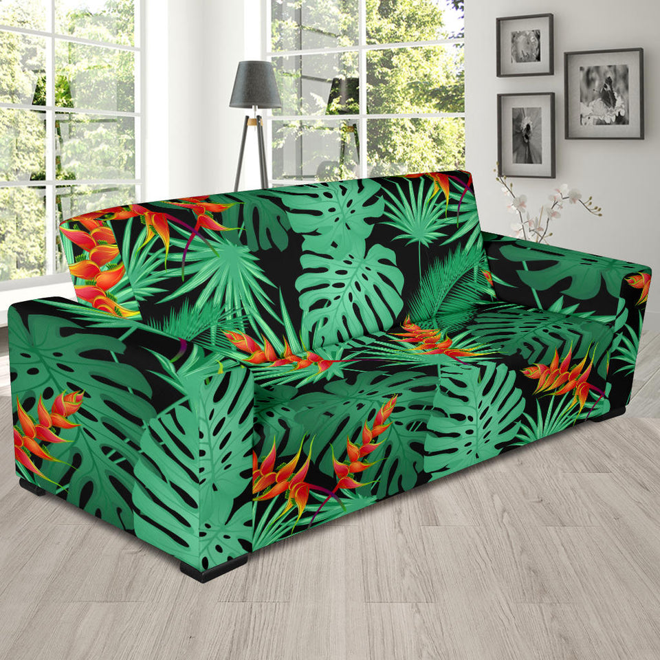 Heliconia Flower Palm Monstera Leaves Black Background Sofa Slipcover