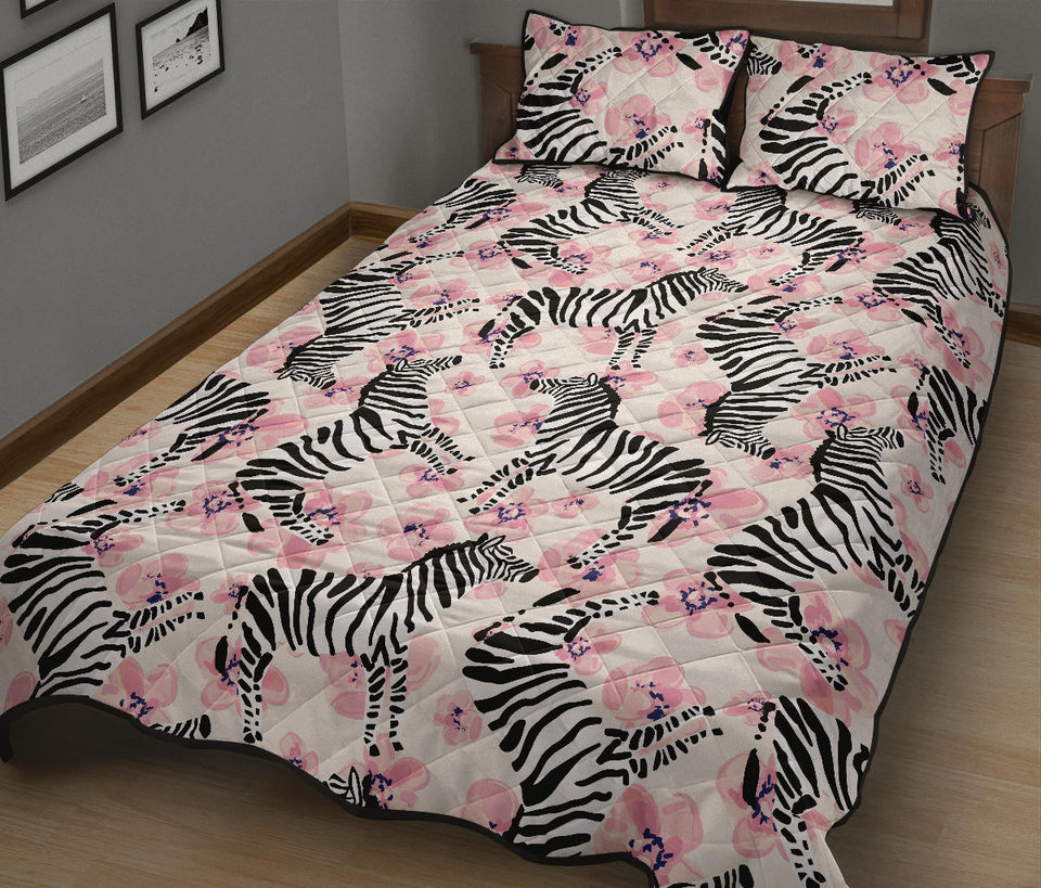 Zebra pink flower background Quilt Bed Set
