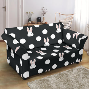 Cute White Rabbit Polka Dots Black Background Loveseat Couch Slipcover