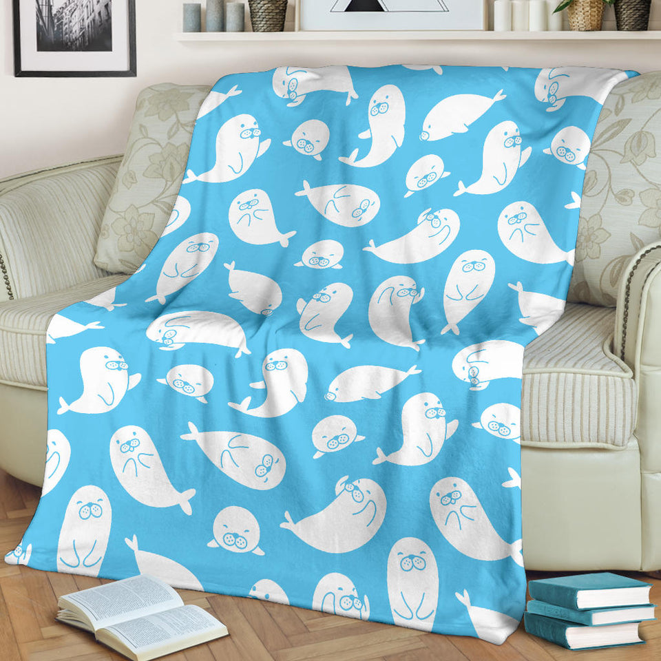 Cute White Sea Lion Seals Pattern Premium Blanket