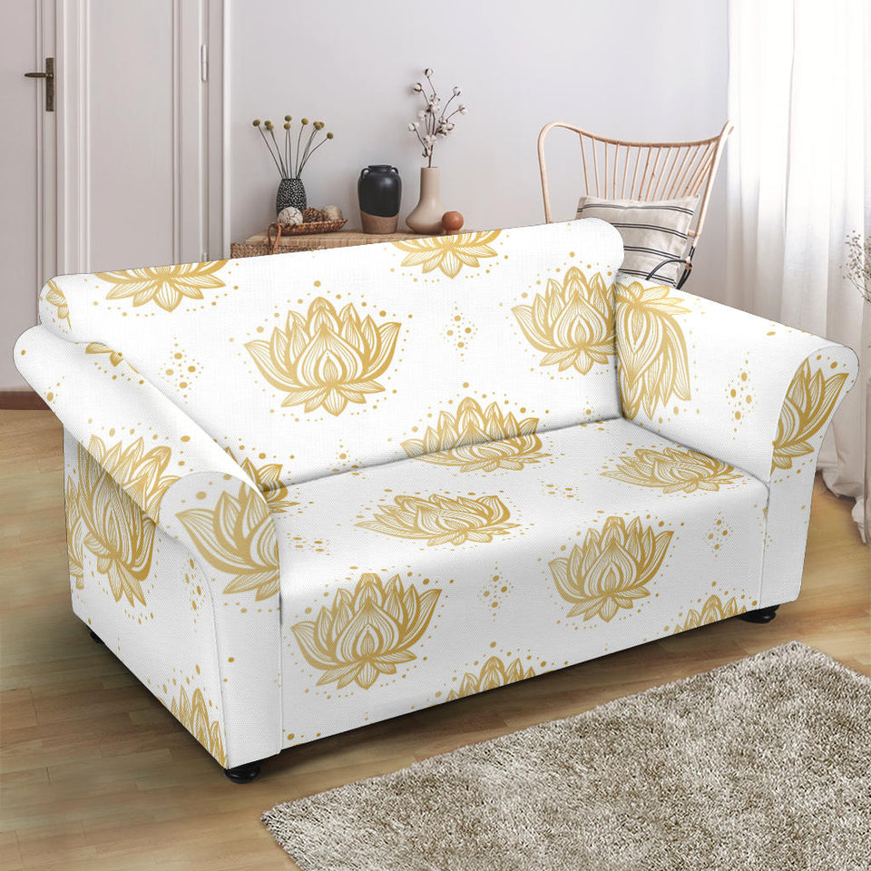 Gold Ornamental Lotue Waterlily Symbol Pattern Loveseat Couch Slipcover