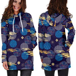 Blue Japanese Pattern Cloud Wave Flower Women'S Hoodie Dress
