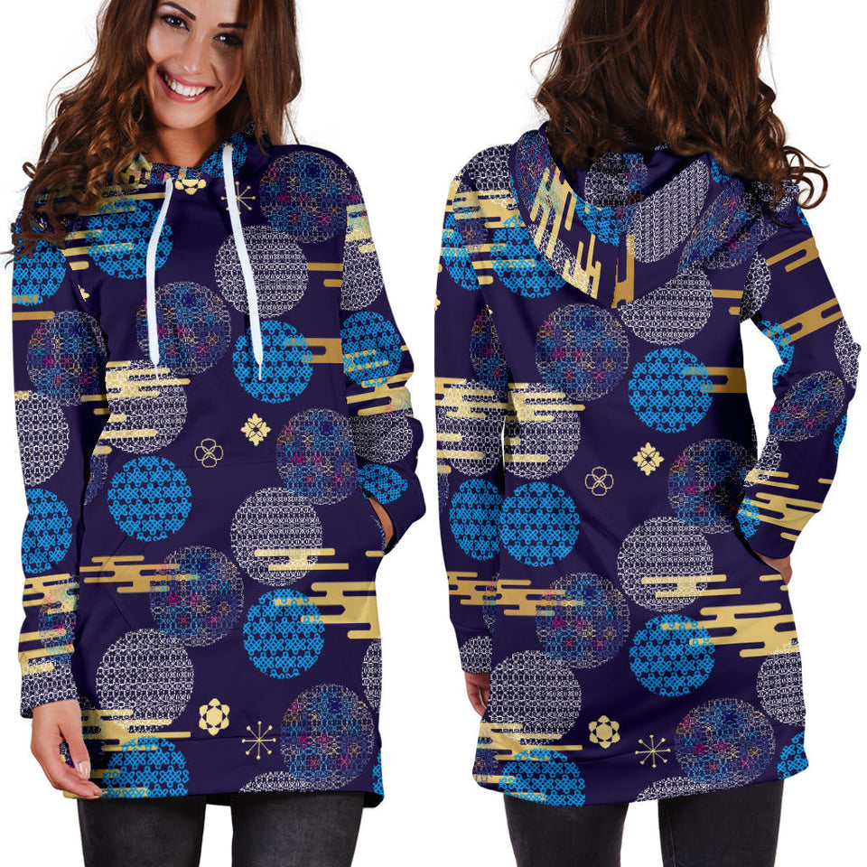 Blue Japanese Pattern Cloud Wave Flower Women'S Hoodie Dress