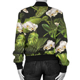 White Orchid Flower Tropical Leaves Pattern Blackground Women'S Bomber Jacket
