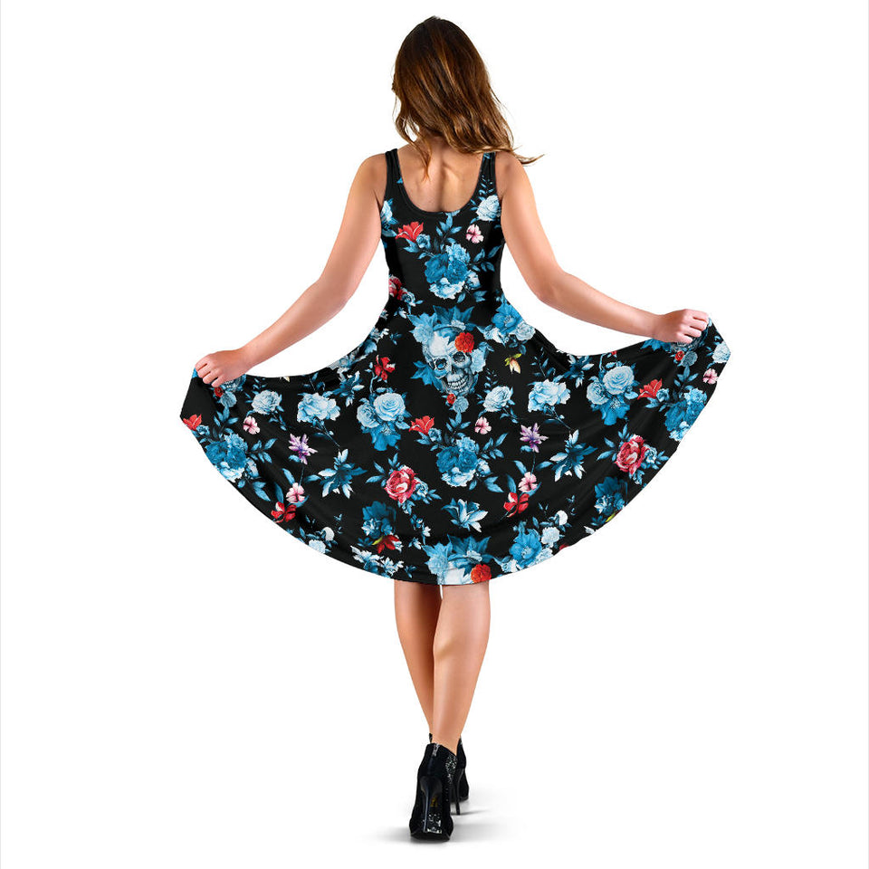 Skull Flower Roses Leave Pattern Sleeveless Midi Dress