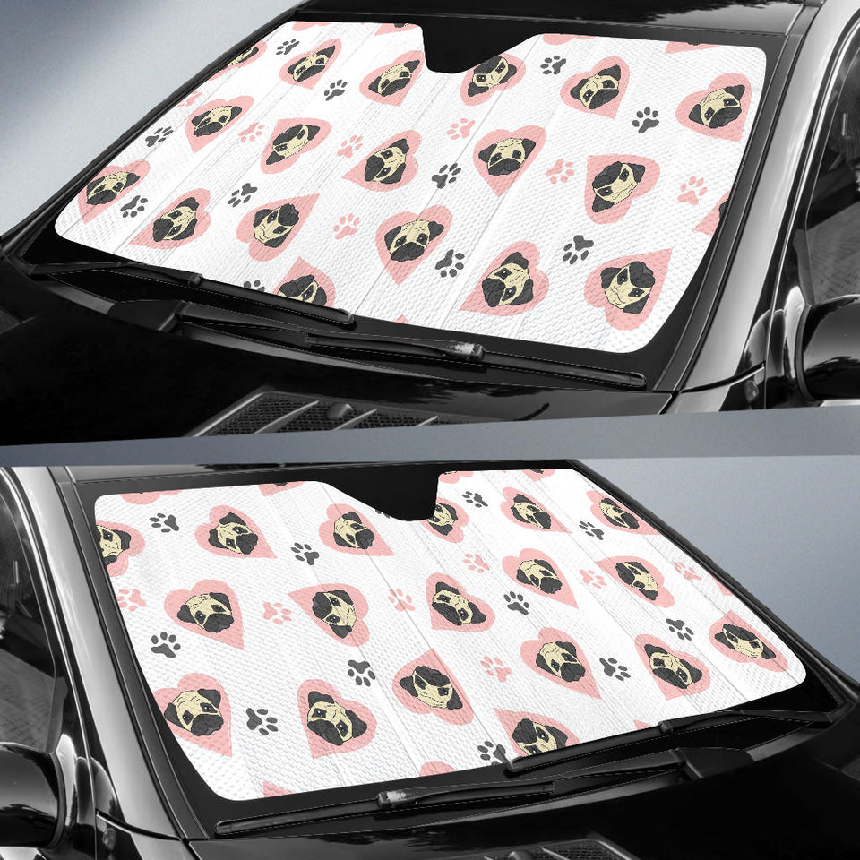 Cute Pugs Pink Heart Paw Pattern Car Sun Shade