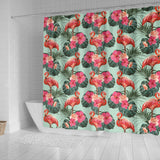 Beautiful Flamingo Tropical Palm Leaves Hibiscus Pateern Background Shower Curtain Fulfilled In US