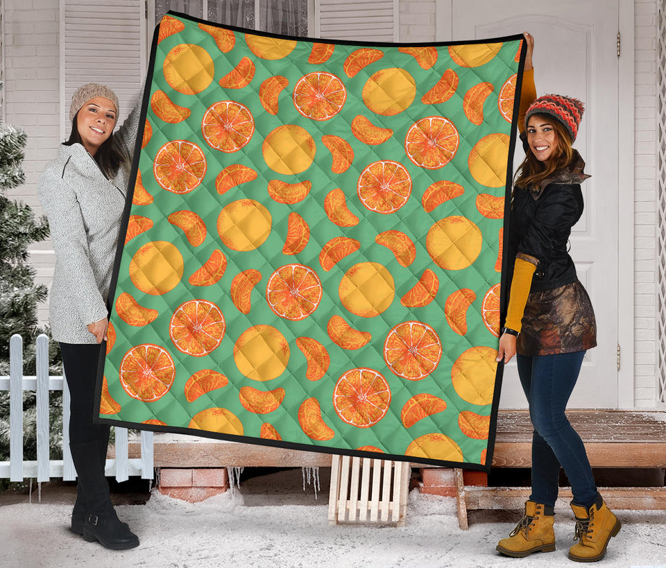 Orange Fruit Pattern Green Background Premium Quilt
