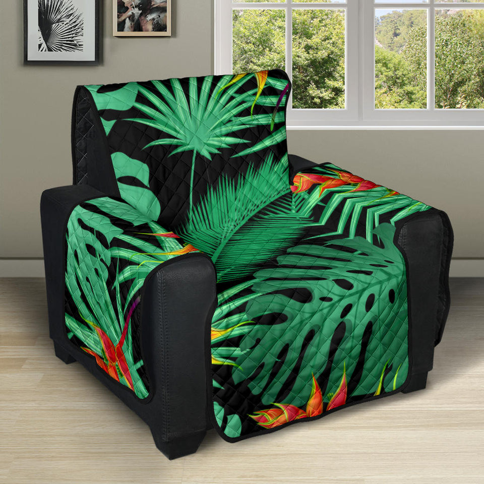heliconia flower palm monstera leaves black background Recliner Cover Protector