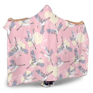 Japanese Crane Rose Pattern Hooded Blanket